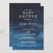 ネイビモダンーブルー水彩洗いボーイベビーシャワー 招待状 (正面/裏面)