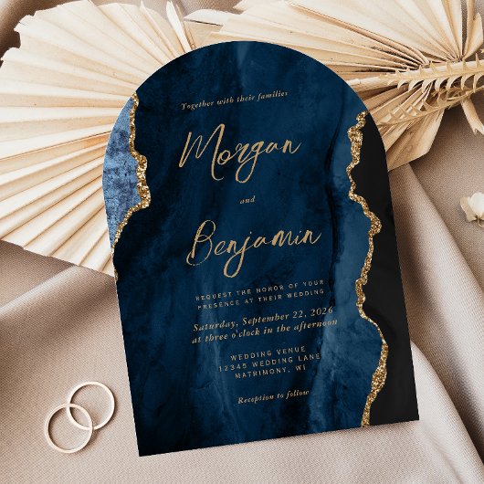 ネイビモダンーブルー瑪瑙スクリプトアー結婚チ 招待状