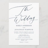 ネイビモダンーブルー白い書道ザ結婚ーズ 招待状 (正面)