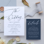 ネイビモダンーブルー白い書道ザ結婚ーズ 招待状