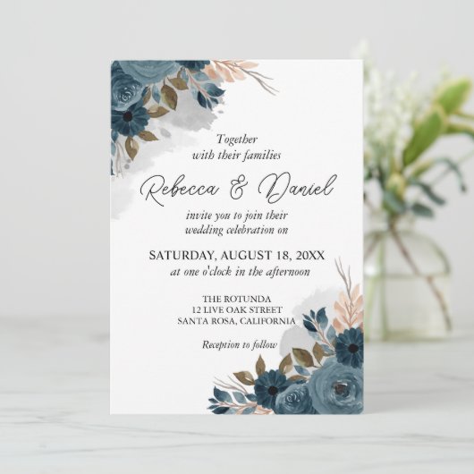 ネイビモダンーブルー結婚フラワー 招待状 (スタンド正面)