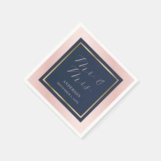 ネイビモダンーブルー赤面と金ゴールド結婚ズナプキンス スタンダードカクテルナプキン (角)