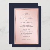 ネイビモダンーブルー赤面バラ結婚金ゴールド 招待状 (正面/裏面)