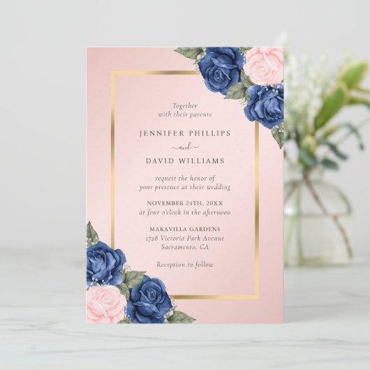 ネイビモダンーブルー赤面ピンク金ゴールド結婚フローラ 招待状 (スタンド正面)