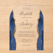 ネイビモダンーブルー金ゴールドアガテアーチ結婚ズ アクリル招待状 (正面)