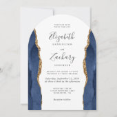 ネイビモダンーブルー金ゴールドアガテアーチ結婚ズ 招待状 (正面)