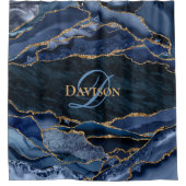 ネイビモダンーブルー金ゴールドアゲートモノグラム シャワーカーテン (正面)