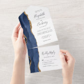 ネイビモダンーブルー金ゴールドアゲ結婚ート オールインワン招待状 (貼ってはがせる)