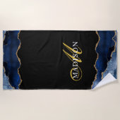 ネイビモダンーブルー金ゴールドグリッターアゲートゲーデモノグラム ビーチタオル (正面)