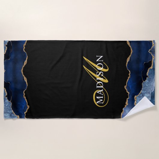 ネイビモダンーブルー金ゴールドグリッターアゲートゲーデモノグラム ビーチタオル (正面)