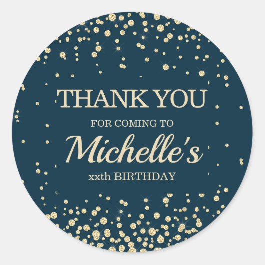 ネイビモダンーブルー金ゴールドグリッター誕生日ありがとう ラウンドシール (正面)