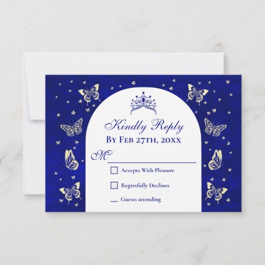 ネイビモダンーブルー金ゴールドティアラバタフライキンセアニラ 出欠カード (正面)