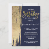 ネイビモダンーブルー金ゴールドブシンプルラッシュストローク誕生日 招待状 (正面)