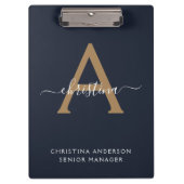 ネイビモダンーブルー金ゴールドモノグラムスクリプト名イニシャル クリップボード (正面)