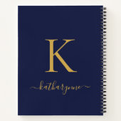 ネイビモダンーブルー金ゴールドモノグラム名 ノートブック (裏面)