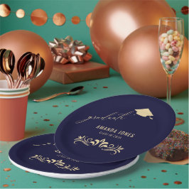 ネイビモダンーブルー金ゴールド卒業キャップ ペーパープレート