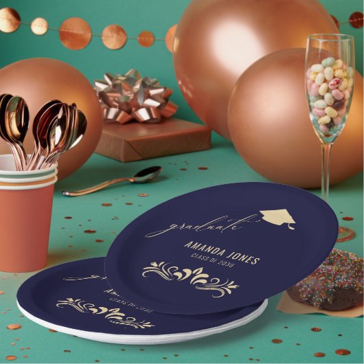 ネイビモダンーブルー金ゴールド卒業キャップ ペーパープレート (複数)