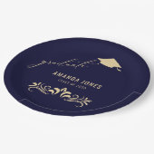 ネイビモダンーブルー金ゴールド卒業キャップ ペーパープレート (アングル)