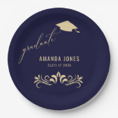 ネイビモダンーブルー金ゴールド卒業キャップ ペーパープレート (正面)