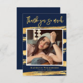 ネイビモダンーブルー金ゴールド卒業サンキューカード 招待状 (正面/裏面)