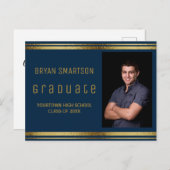 ネイビモダンーブルー金ゴールド卒業パーティー写真 ポストカード (正面/裏面)