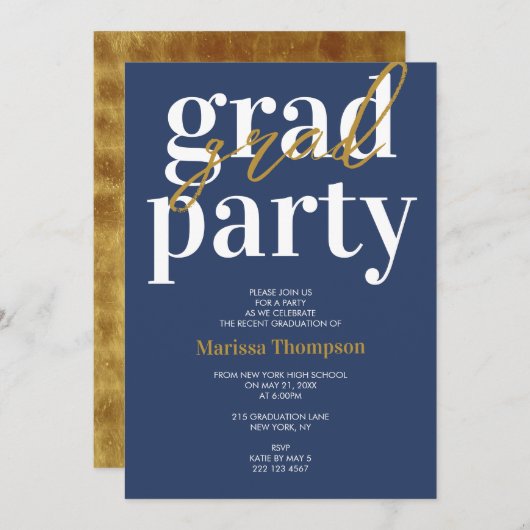 ネイビモダンーブルー金ゴールド卒業パーティー招待状 招待状 (正面/裏面)