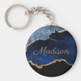 ネイビモダンーブルー金ゴールド大理石グリッター名 キーホルダー