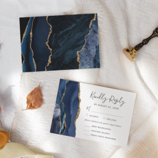 ネイビモダンーブルー金ゴールド瑪瑙の食事の選択結婚の 出欠カード