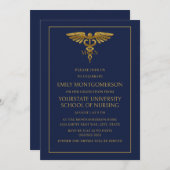 ネイビモダンーブルー金ゴールド看護学校MN卒業生 招待状 (正面/裏面)