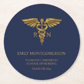 ネイビモダンーブルー金ゴールド看護学校RN卒業 ラウンドペーパーコースター (正面)
