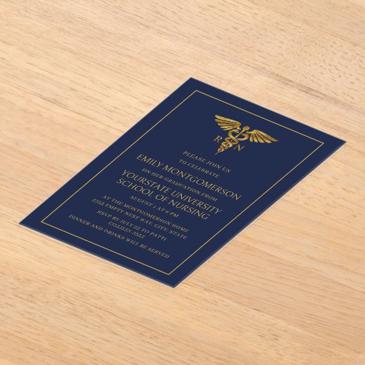 ネイビモダンーブルー金ゴールド看護学校RN大学院 アクリル招待状 (レイダウン)