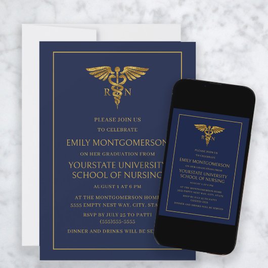ネイビモダンーブルー金ゴールド看護学校RN大学院 招待状