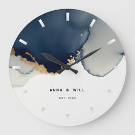 ネイビモダンーブルー金ゴールド航海の海岸記念日 ラージ壁時計