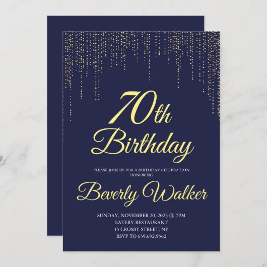 ネイビモダンーブルー金ゴールド70thバースデーパーティー 招待状 (正面/裏面)