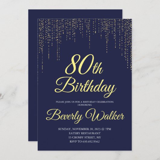 ネイビモダンーブルー金ゴールド80thバースデーパーティー 招待状 (正面/裏面)