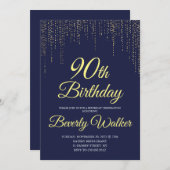 ネイビモダンーブルー金ゴールド90thバースデーパーティー 招待状 (正面/裏面)