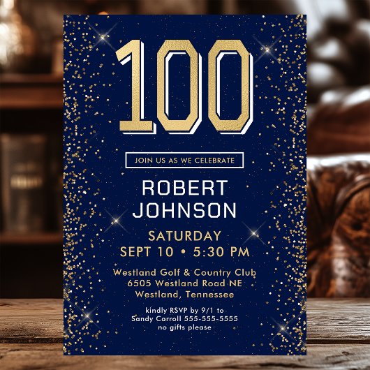ネイビモダンーブルー100誕生日 招待状