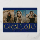 ネイビモダンーブルー3写真卒業発表 箔招待状 (正面)