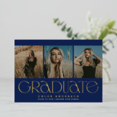 ネイビモダンーブルー3写真卒業発表 箔招待状 (立ち正面)