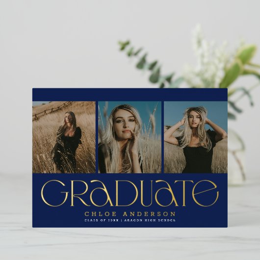 ネイビモダンーブルー3写真卒業発表 箔招待状 (立ち正面)