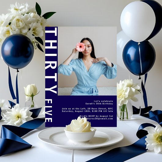 ネイビモダンーブルー35誕生日フォト招待状 招待状
