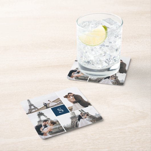 ネイビモダンーブルー4フォトギャラリーとモノグラム スクエアペーパーコースター (インサイチュ)