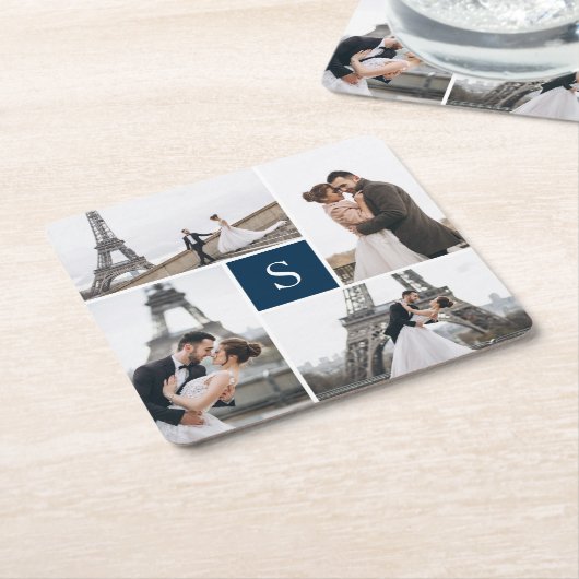 ネイビモダンーブルー4フォトギャラリーとモノグラム スクエアペーパーコースター (アングル)