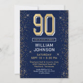 ネイビモダンーブルー90誕生日写真 招待状 (正面)