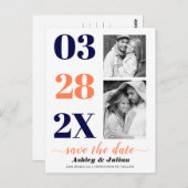 ネイビモダンーブルー,サンゴの2枚の写真Save the Date ポストカード (正面/裏面)