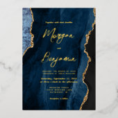 ネイビモダンーブルーAgateシック金ゴールドスクリプ結婚ト 箔招待状 (正面)