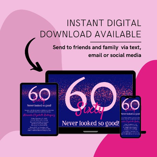 ネイビモダンーホットピンクグリッター赤面ウォメンズ誕生日 招待状