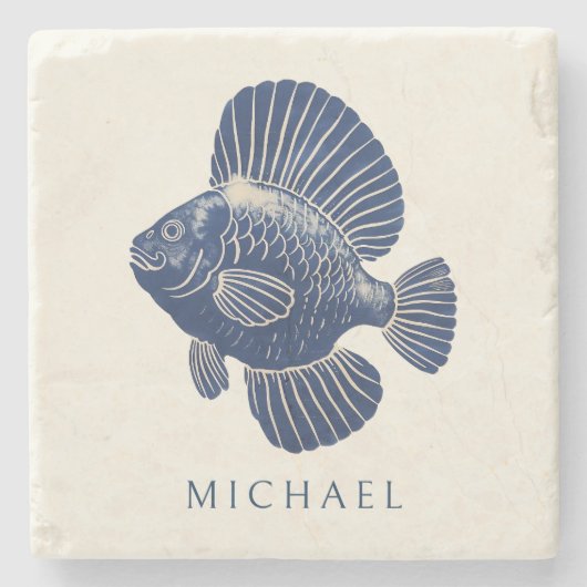 ネイビモダンーミニマルブルー航海のフィッシュ名前をカスタムする ストーンコースター (正面)