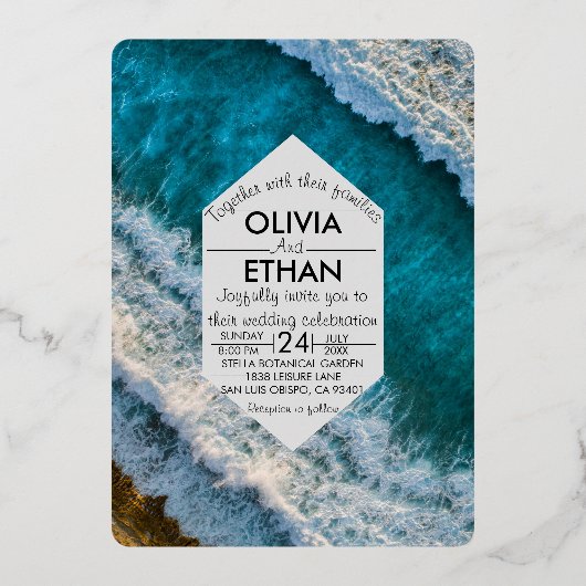 ネイビモダンー波結婚のフォイル招待状 箔招待状 (正面)