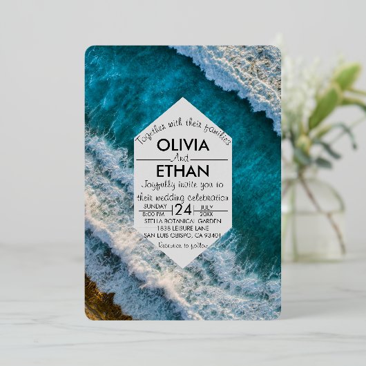 ネイビモダンー波結婚のフォイル招待状 箔招待状 (立ち正面)